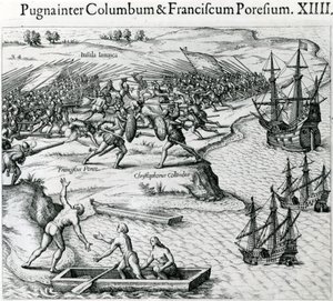 ジャマイカでのクリストファーコロンブス（1451-1506）とフランシスコポラスの戦い（1504年）、ヨハンルートヴィヒゴットフリートの「Mewe Welt und Americanische Historien」、フランクフルトマテウスメリアン発行 作： Theodore de Bry